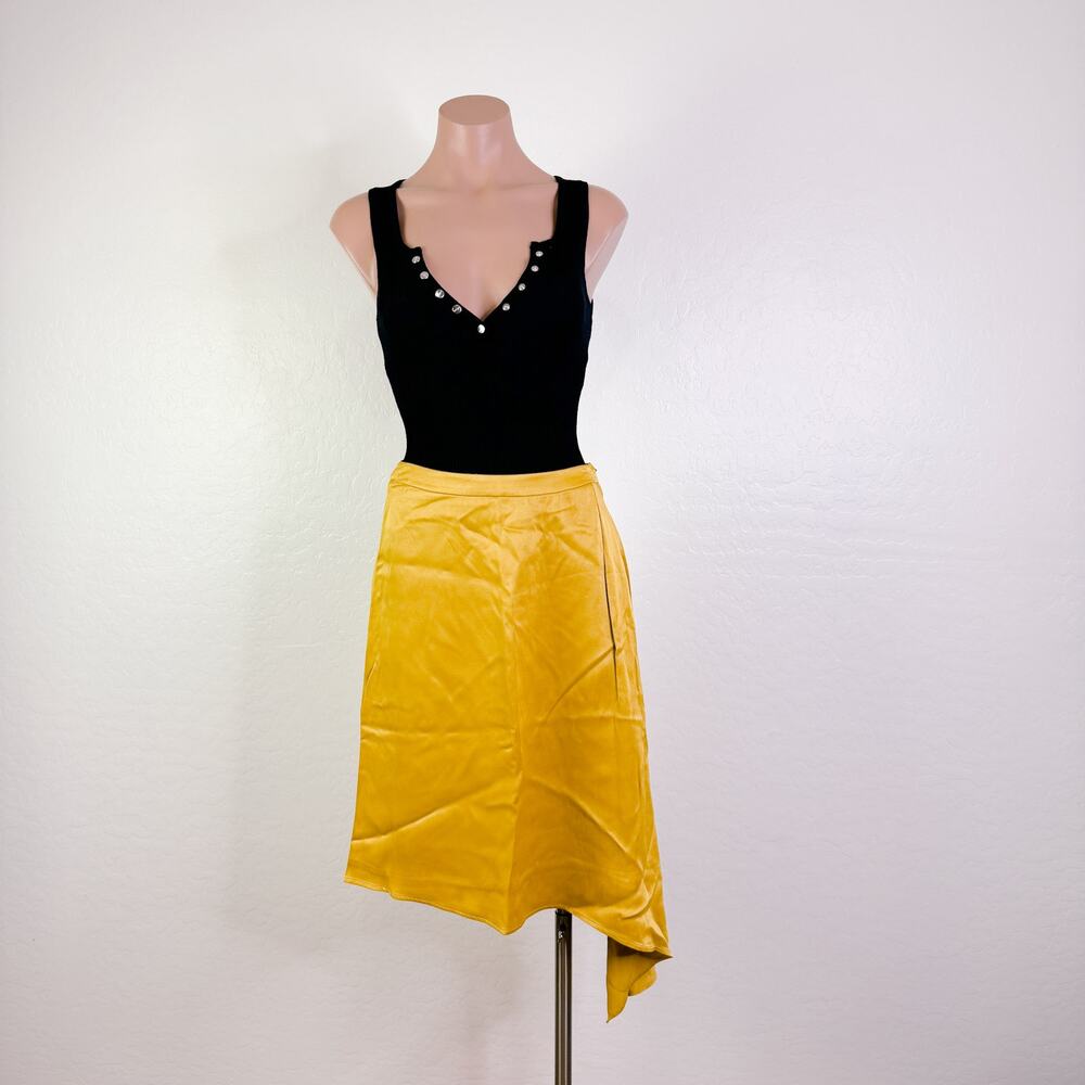 Antonio Melani Oliver Satin Asymmetrical Hem Skirt Olive Mustard Yellow Sz 0 NWT